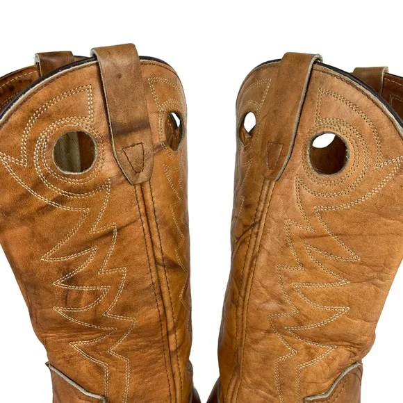 Vintage Cowhide Steel-toe Western Cowboy Brown Leather Boots Stitchwork Mens 8.5 - Picture 11 of 16